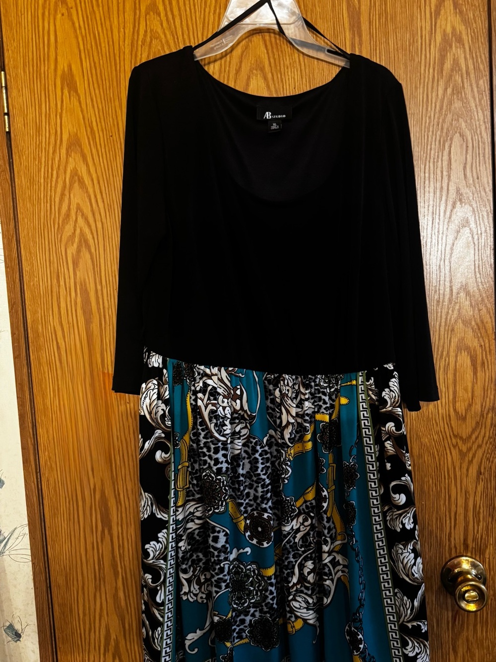 AB Studio Black Top with Teal and Gold Patterned Skirt Dress